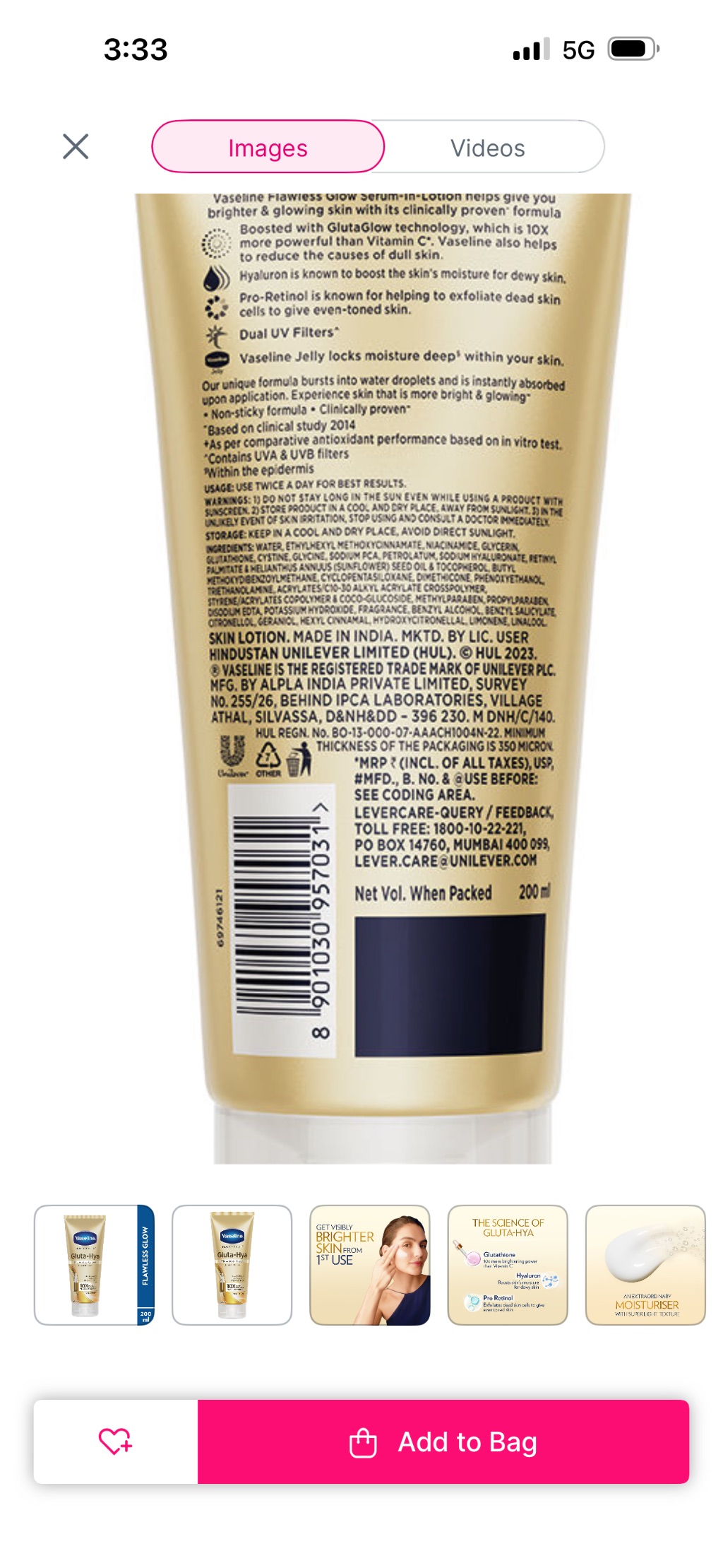 Vaseline Flawless Glow Serum-in-Lotion product label