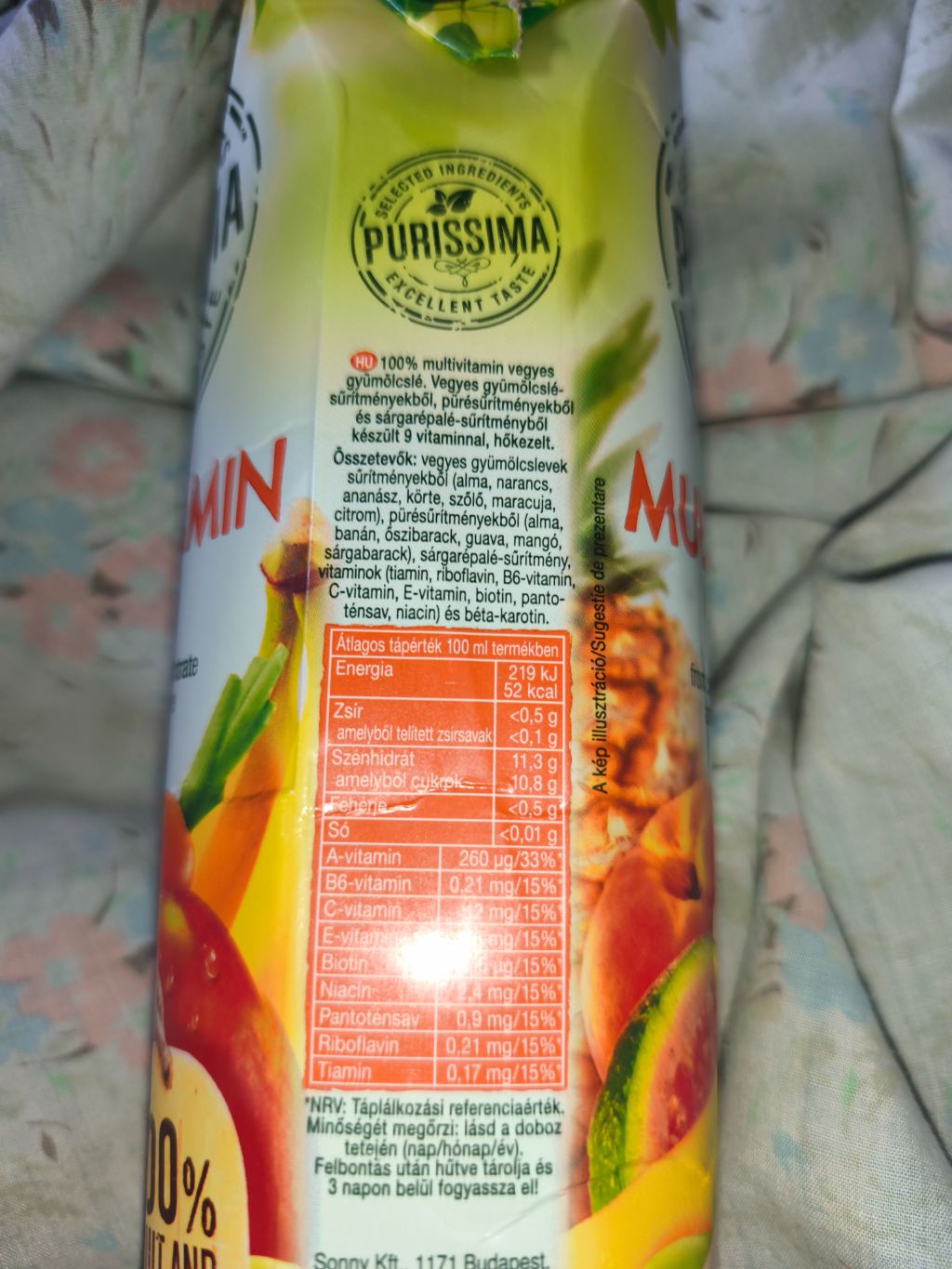 Purissima 100% Multivitamin Fruit Juice label