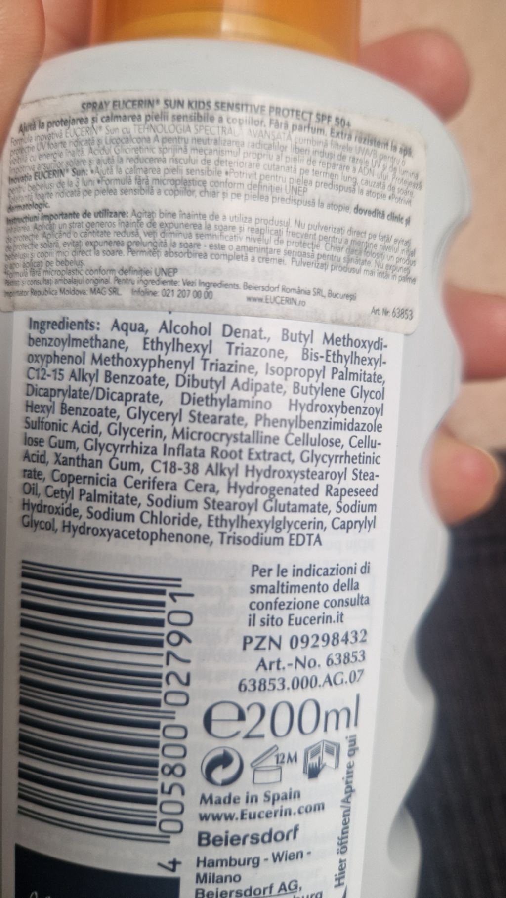 Eucerin Sun Kids Sensitive Protect Spray SPF 50+ label