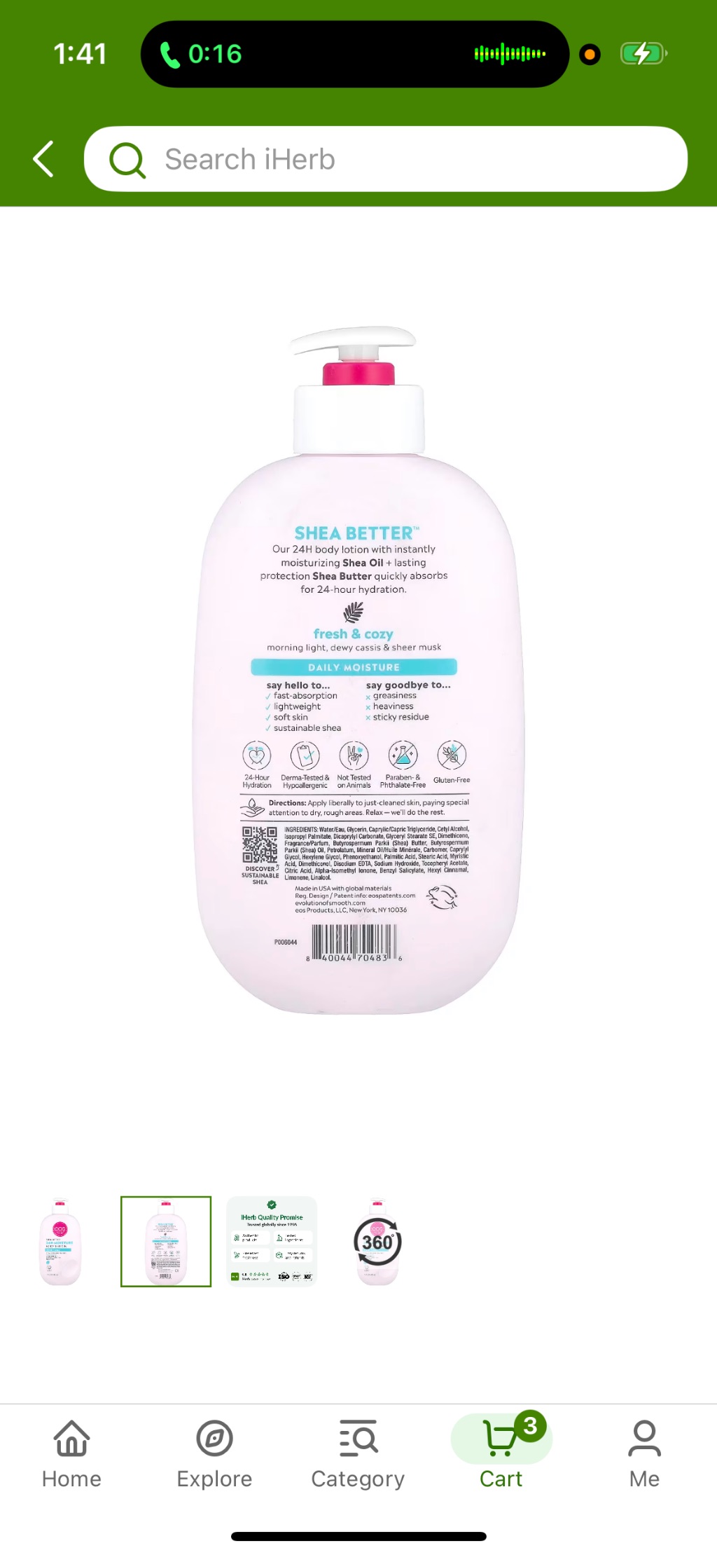 eos Shea Better 24H Body Lotion (fresh & cozy) label