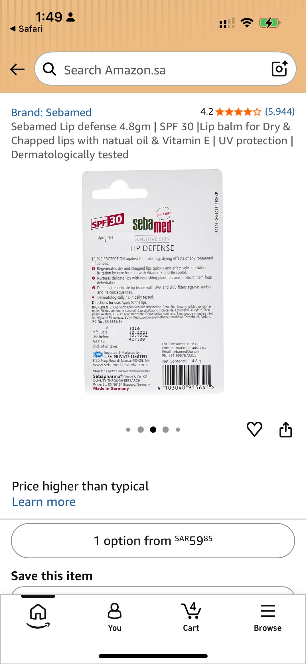 Sebamed Lip Defense SPF 30 label