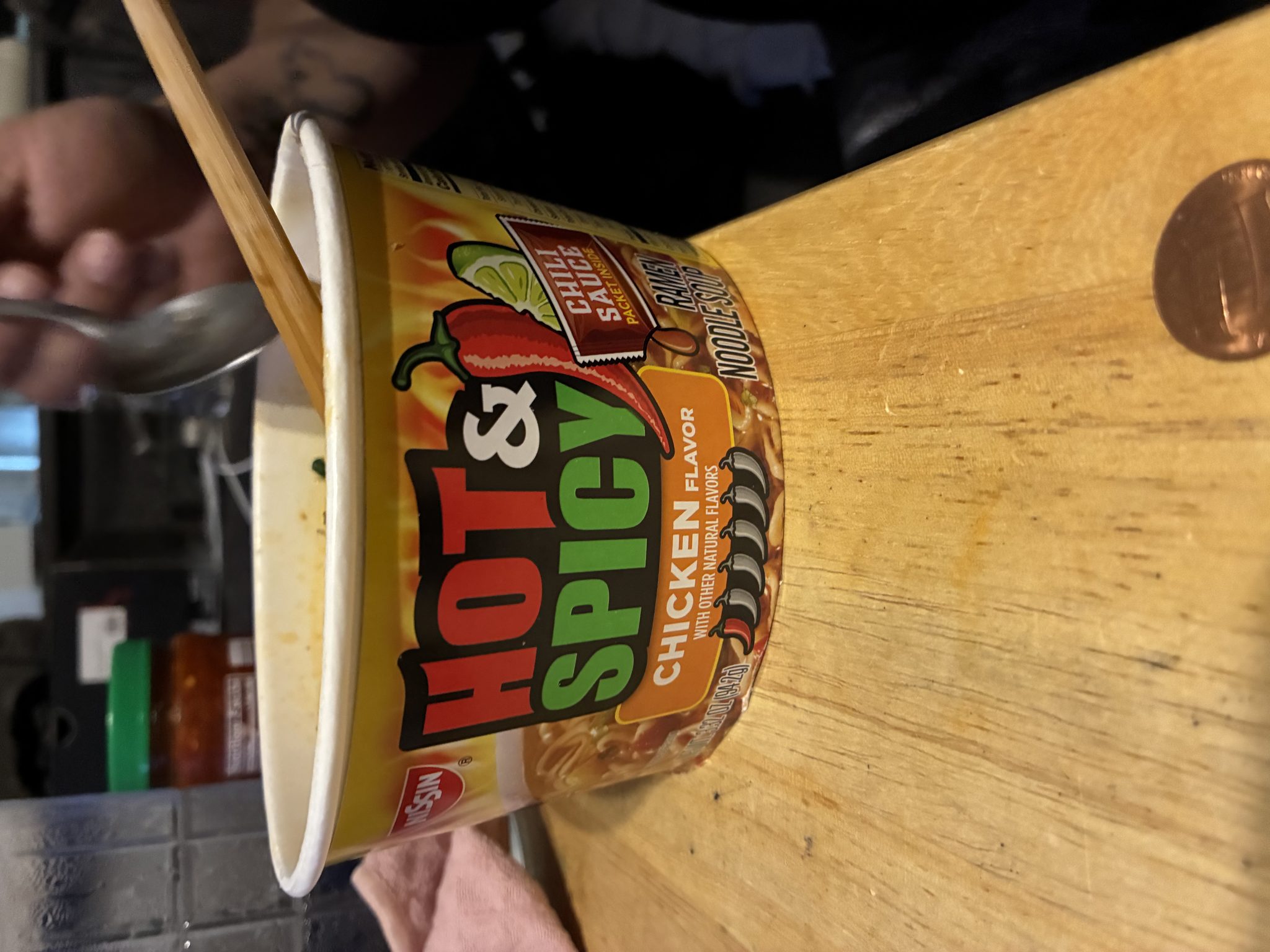 Nissin Hot & Spicy Chicken Flavor Ramen Noodle Soup product label
