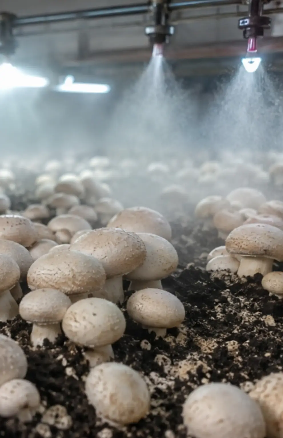 Modern indoor mushroom farm with vertical growing racks, ventilation, cooling and humidity-control systems.