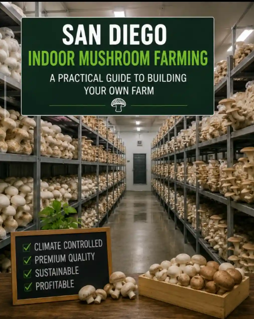 Indoor mushroom farming setup in San Diego County with climate-controlled growing racks