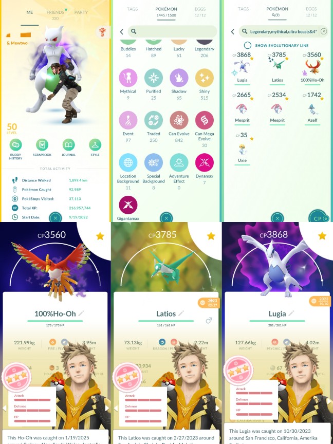 Pokemon Go Account – 164-LV 50 Instinc (Hundo Shadow Hooh-Surfing Pose-515 Shiny-Shiny Shadow Mewtwo-Galar Zapdos Moltres-Shundo Latios-Hundo Lugia-9.2 Mill Stardust-83 Hundo)