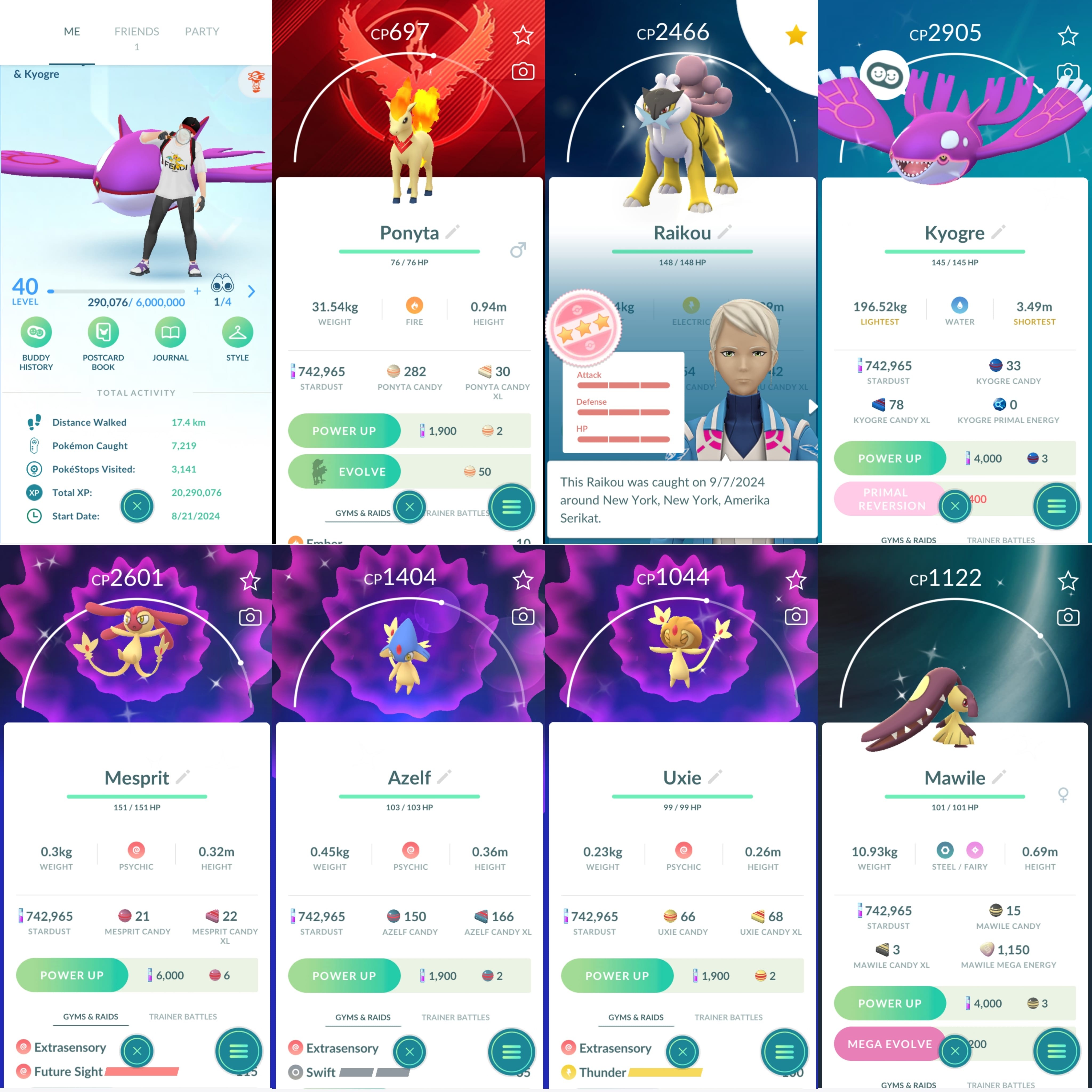 Pokemon Go Account – 1367 LV40 Coin 1128 Raikou100 Mesprit100 Shiny: absol, seviper, shinx, kyogre, mesprit, azelf, uxie, mega mawile, shellos