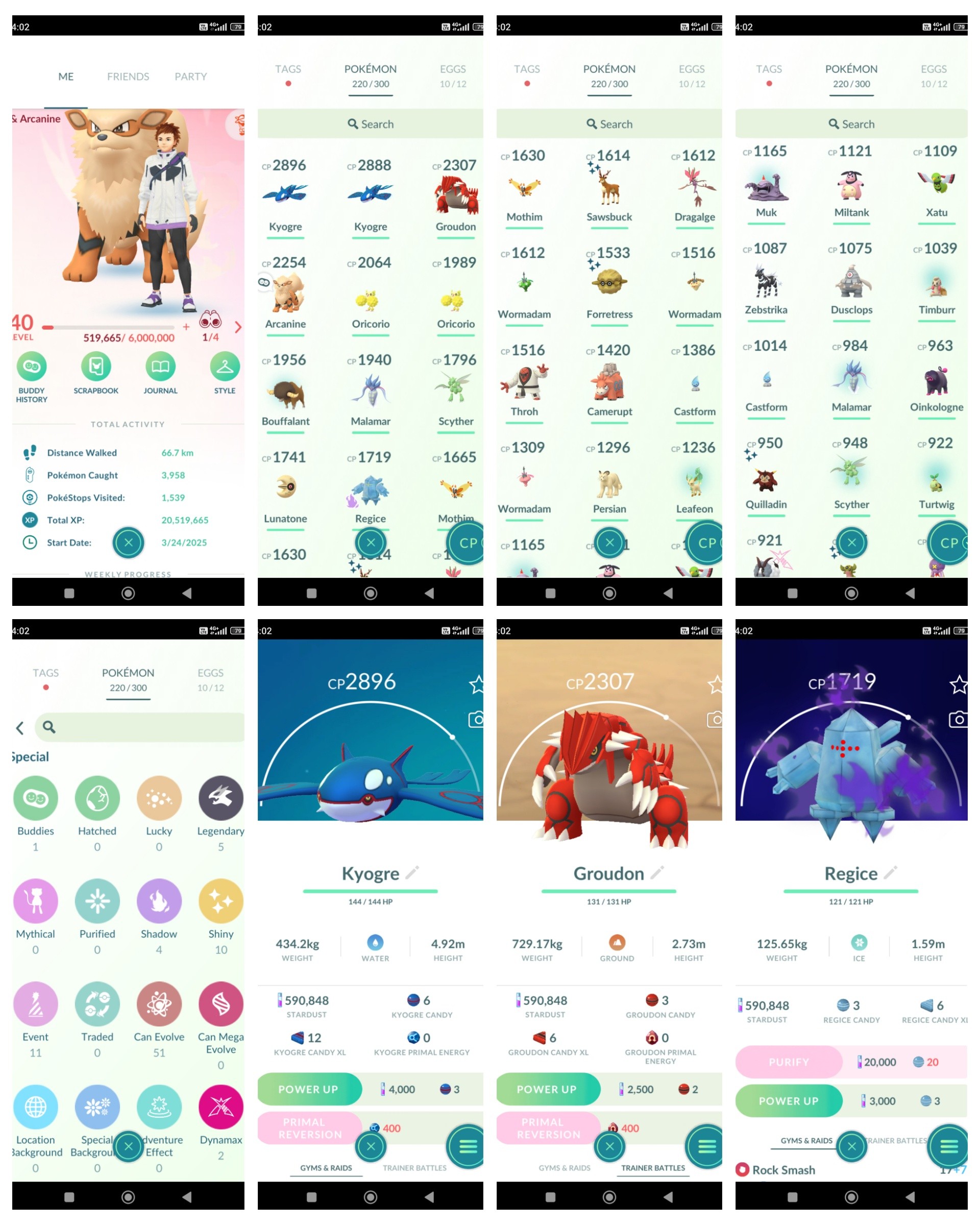 Pokemon Go Account – ps134~40 LVL~Kyogre~Groudon~Shadow Regice~Kubfu~5 Legendary~10 Shiny~590K Stardust~Red Team~Best Starter