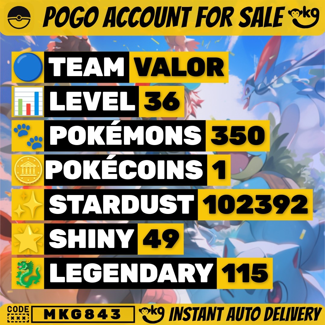 Pokemon Go Account – 🔥 LEVEL 36 (TEAM VALOR) 🧙‍♂️ 350/350 Pokémon | 115 Legendary | 49 Shiny | 102,392 Stardust 💰 | Instant Delivery 🚀 | Complete Access 🔐 ! MKG843