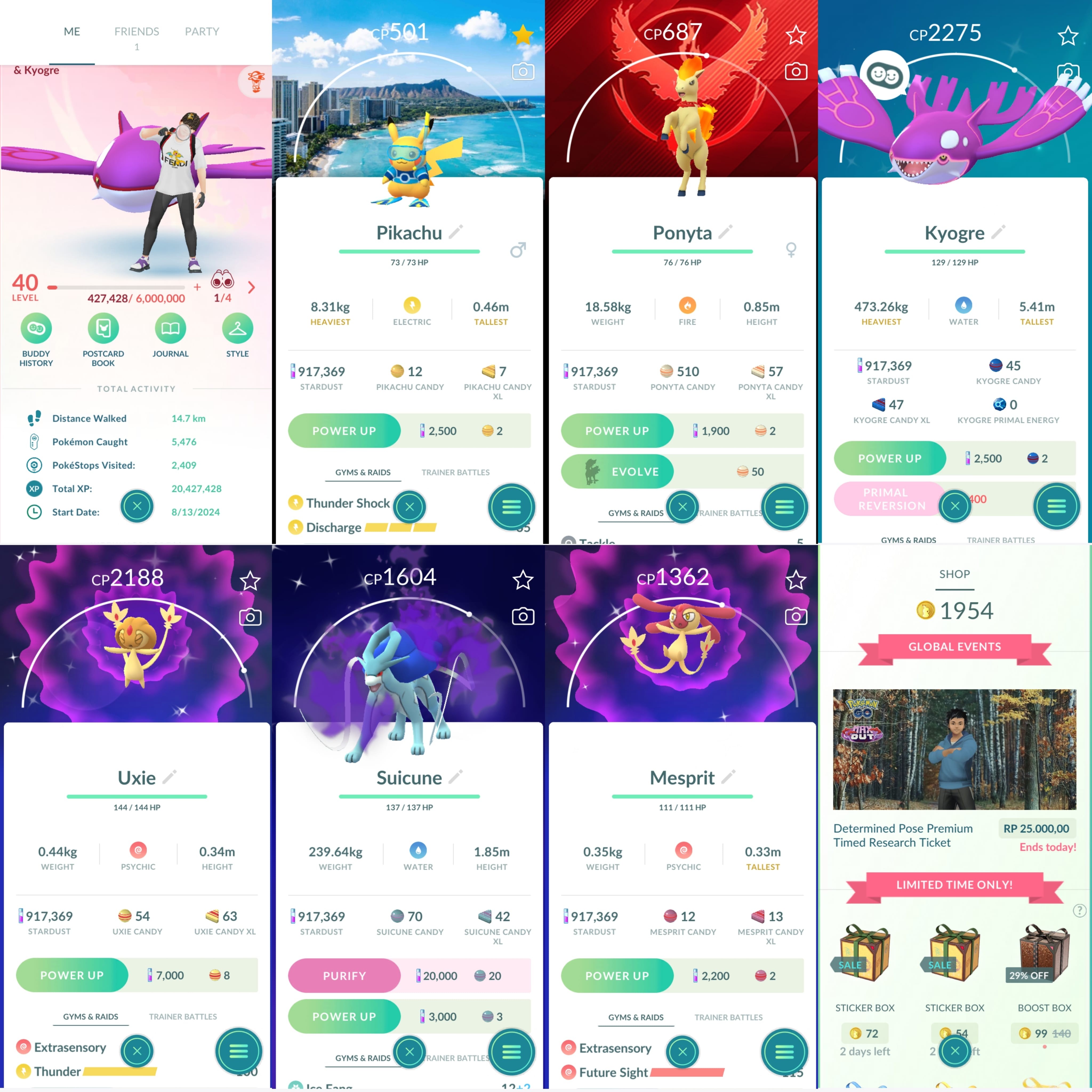 Pokemon Go Account – 1362 LV40 Coin 1954 Pikachu WCS 2024 Hawaii Shiny: Charmander, kyogre, uxie, shadow suicune, mesprit, slowbro, sudowoodoo