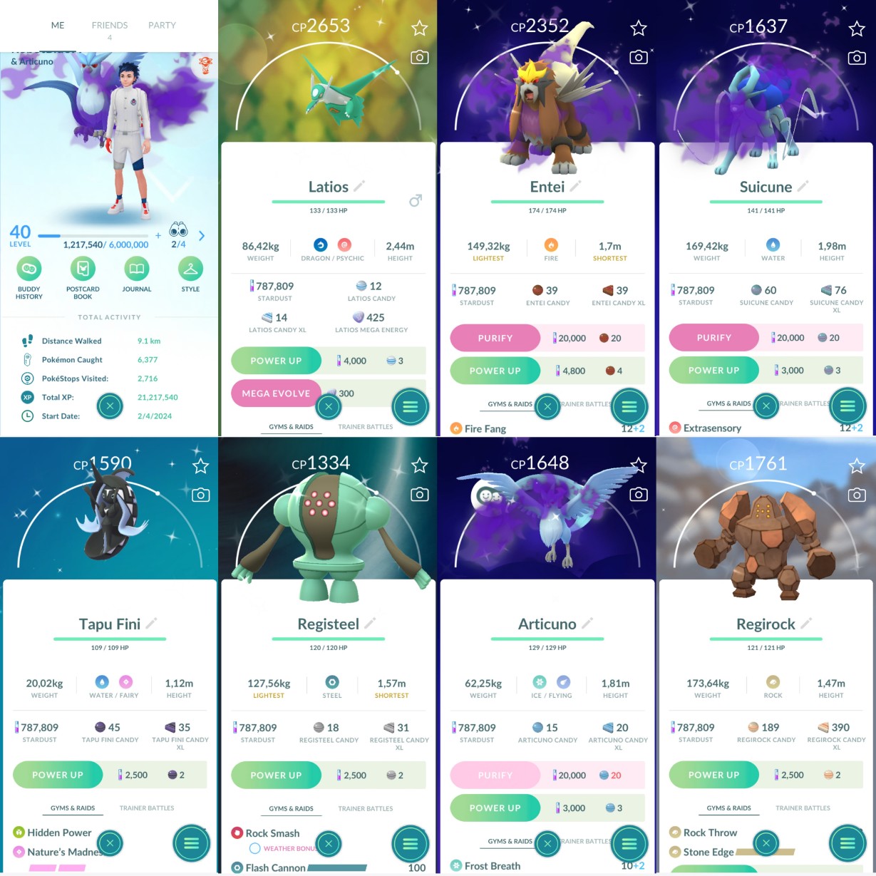 Pokemon Go Account – 1097 LV40 Rare candy 219 Premium pass:35 Regirock100x2 Shiny: mega latios, absol, shadow Entei, shadow suicune, happiny