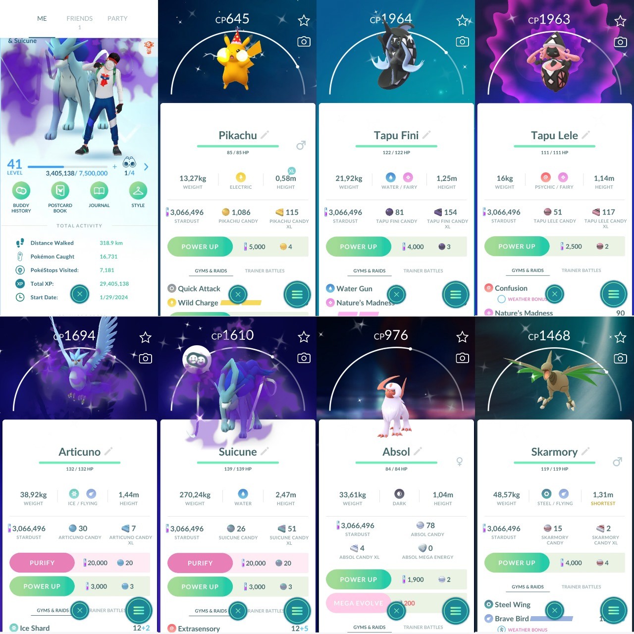 1110 LV41 Rare Candy 153, Suicune100, Shiny: Charmander, Absol, Skarmory, Oricorio (Baile Style), Shadow Suicune, Swablu (IOS/Android)