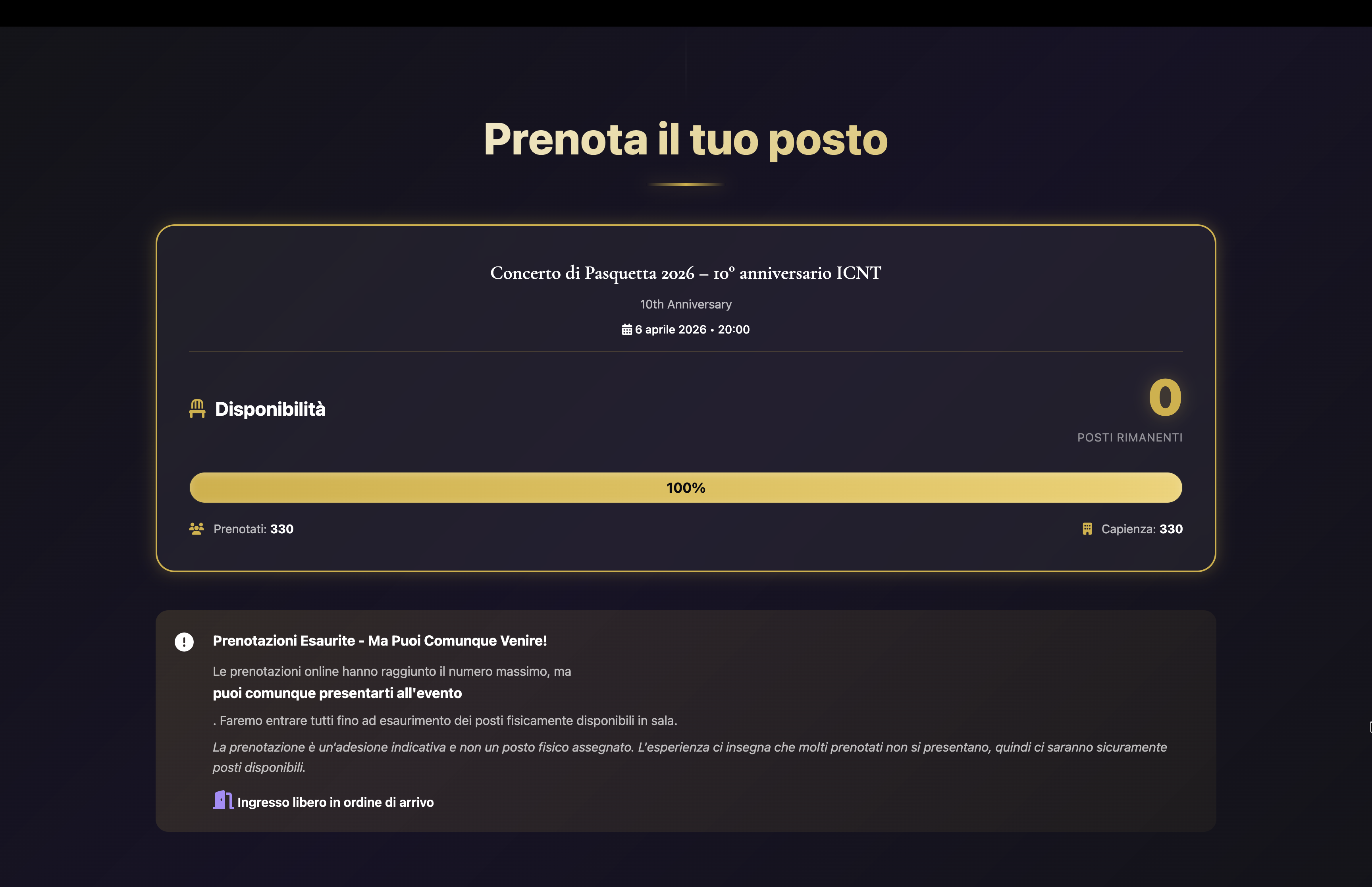 Concerto di Pasquetta 2026: prenotazioni esaurite