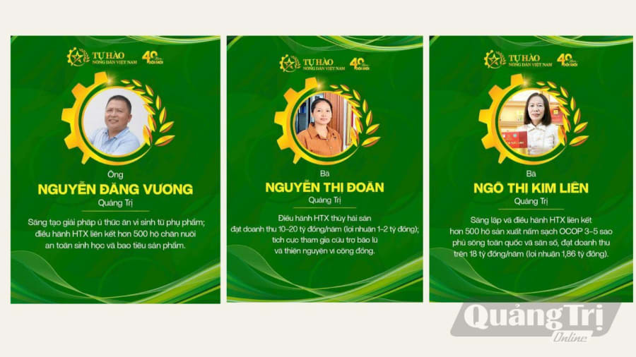 Ba nông dân tiêu biểu của tỉnh Quảng Trị được vinh danh là Nông dân Việt Nam xuất sắc 40 năm đổi mới - Ảnh: LT