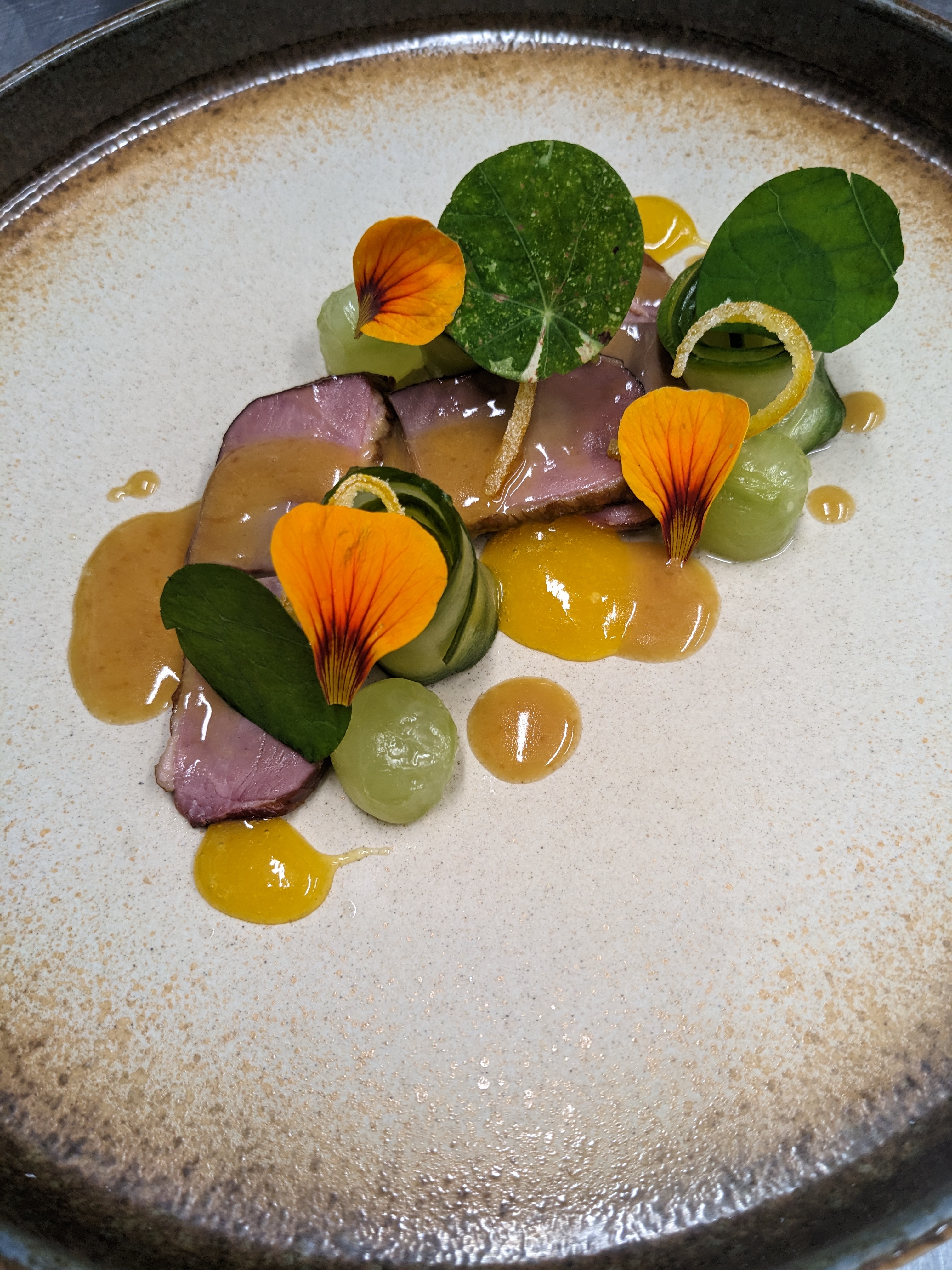 Duck breast, compressed cucumber & orange gel