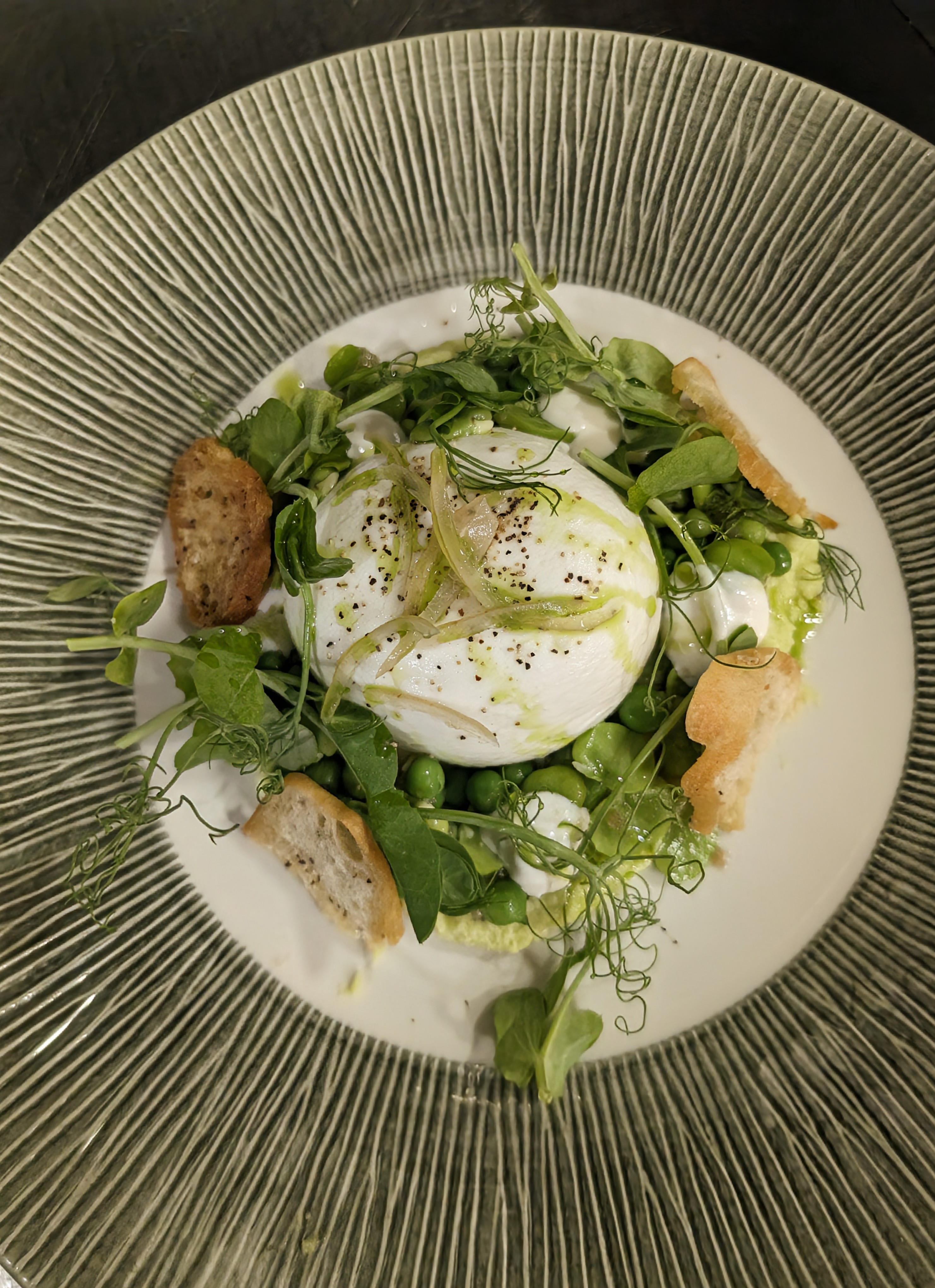 Burrata, edamame & garden pea purée