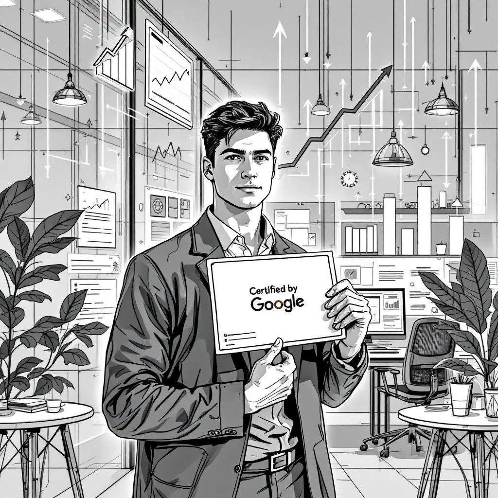 Person working on a laptop with Google Certificate logos in the background, representing career growth.