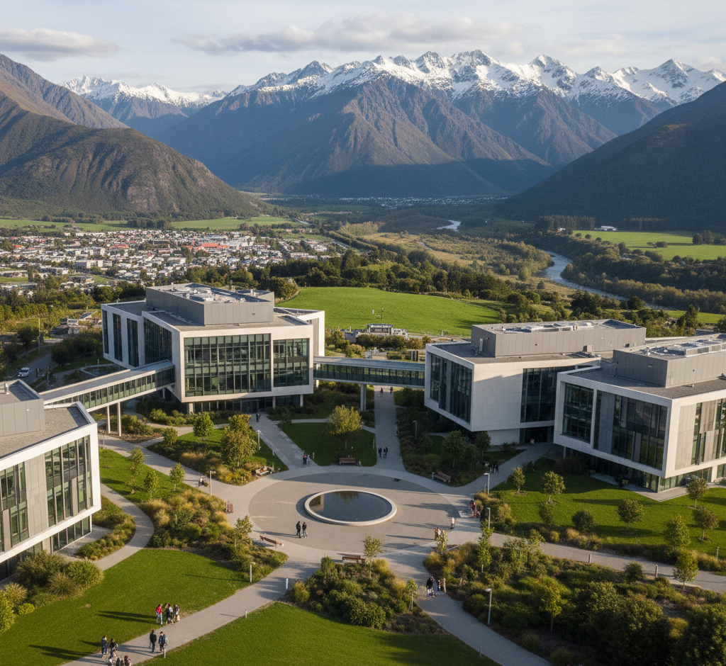 Scenic view of New Zealand with students