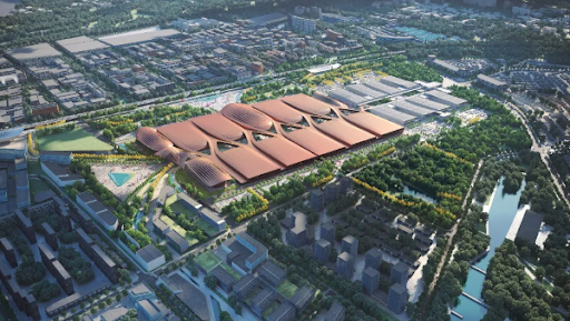 Aerial shot of Auto China 2026 exhibition halls