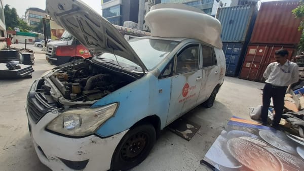 Old Tata Yodha news van loaded for scrap pickup by CarBasket - commercial vehicle dismantling and recycling service