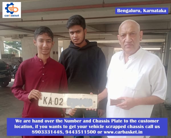 Car number plate handover after scrapping process in Bangalore by CarBasket - RC cancellation, legal vehicle scrap documentation and deregistration