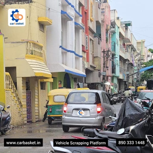Old Santro car loaded for scrap pickup in Bangalore near BTM Layout by CarBasket - trusted car recycling and scrapping company