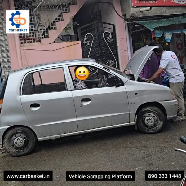 Hyundai Santro old car pickup for scrap in Bismillah Nagar Bangalore near BTM Layout by CarBasket - authorized car scrapping and recycling service