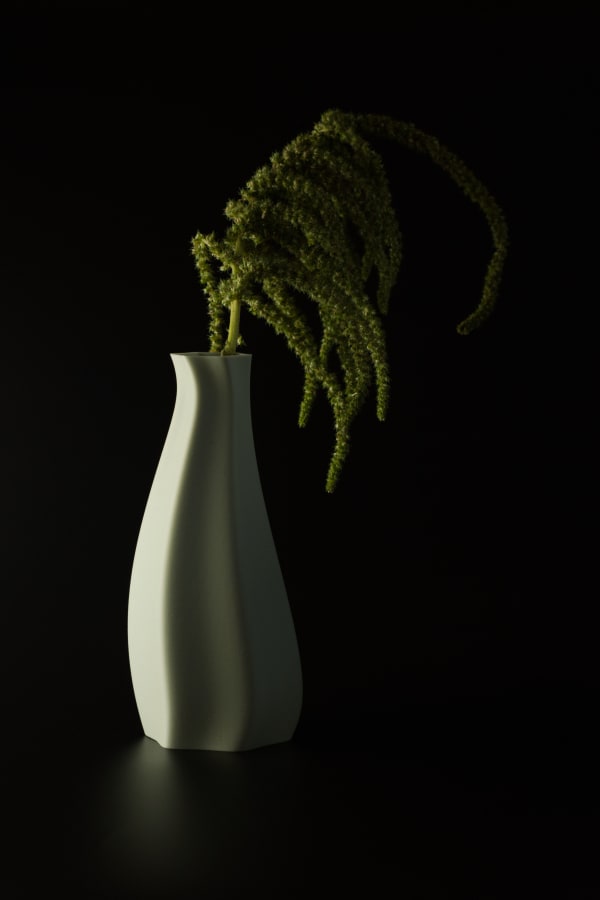 A sage green vase with twisting rippled sides pinching together toward the top, light from the side accenting the ridges, gently reflecting on a black background, holding dried flowers.