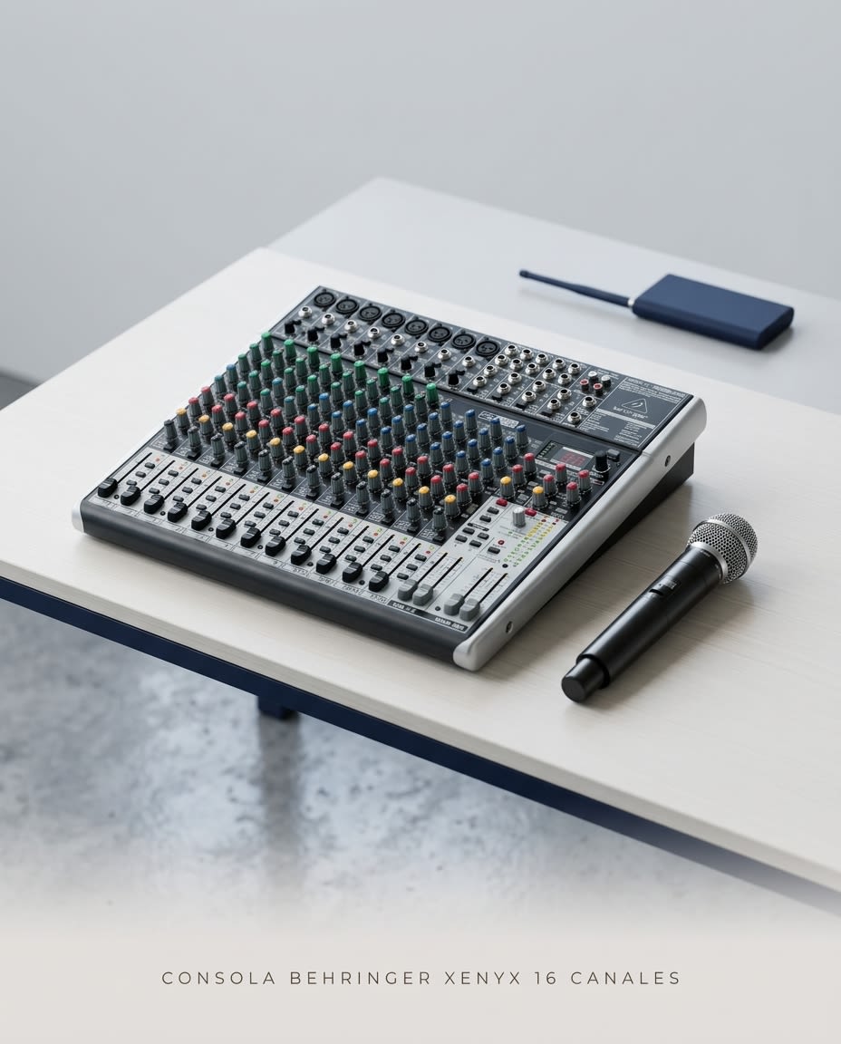 Consola Behringer Xenyx de 16 canales con micrófono inalámbrico para evento corporativo