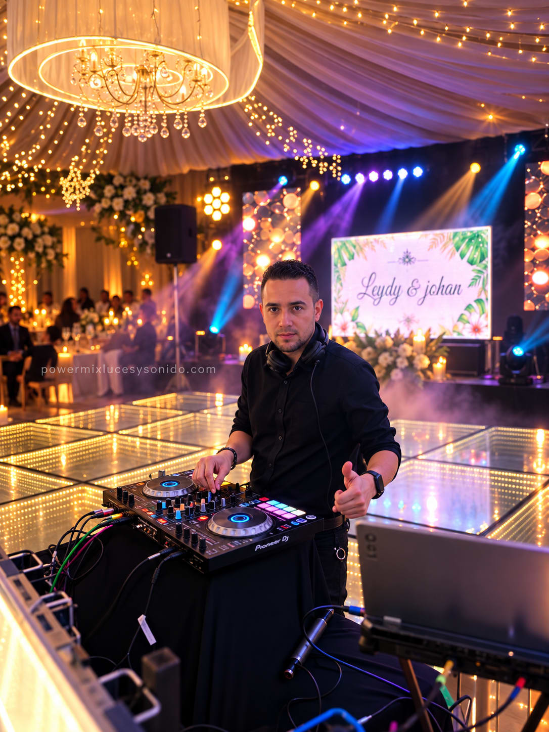 DJ con controlador Pioneer en boda con pista LED infinita, humo y luces robóticas en Pereira