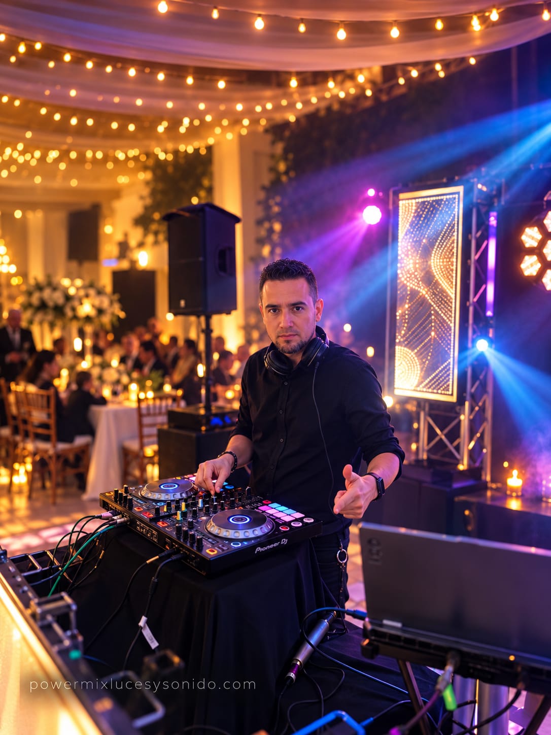 DJ en recepción de boda con parlantes, truss iluminado y luces LED