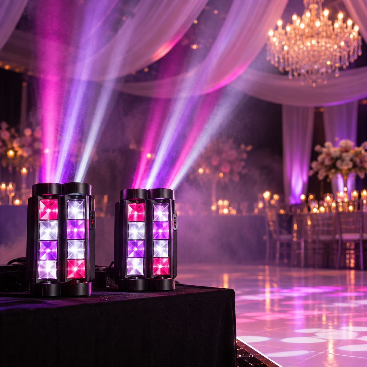 Luces LED spider con haces morados y rosados sobre pista de baile en boda