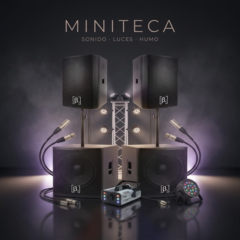 Miniteca completa con cabinas, subwoofers, truss con par LED y máquina de humo