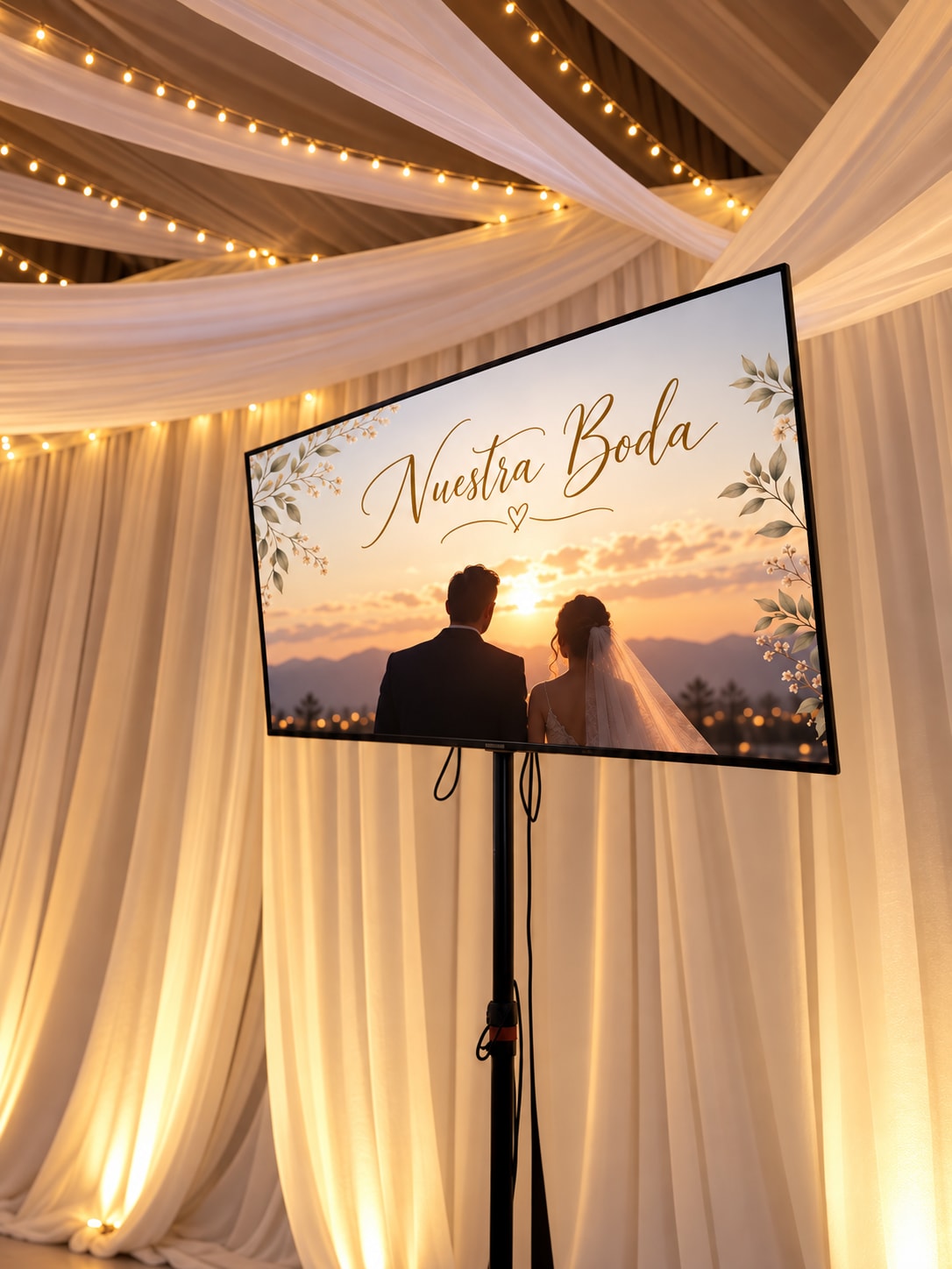 Televisor en pedestal mostrando video Nuestra Boda en recepción