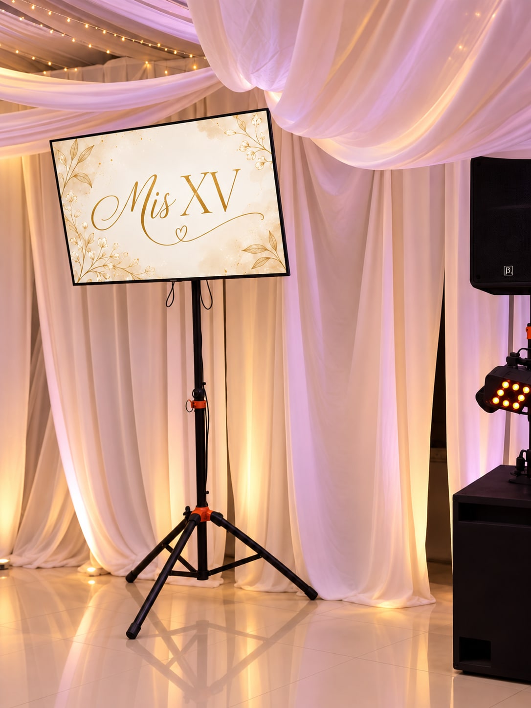 Televisor en pedestal con mensaje Mis XV en decoración de quince años