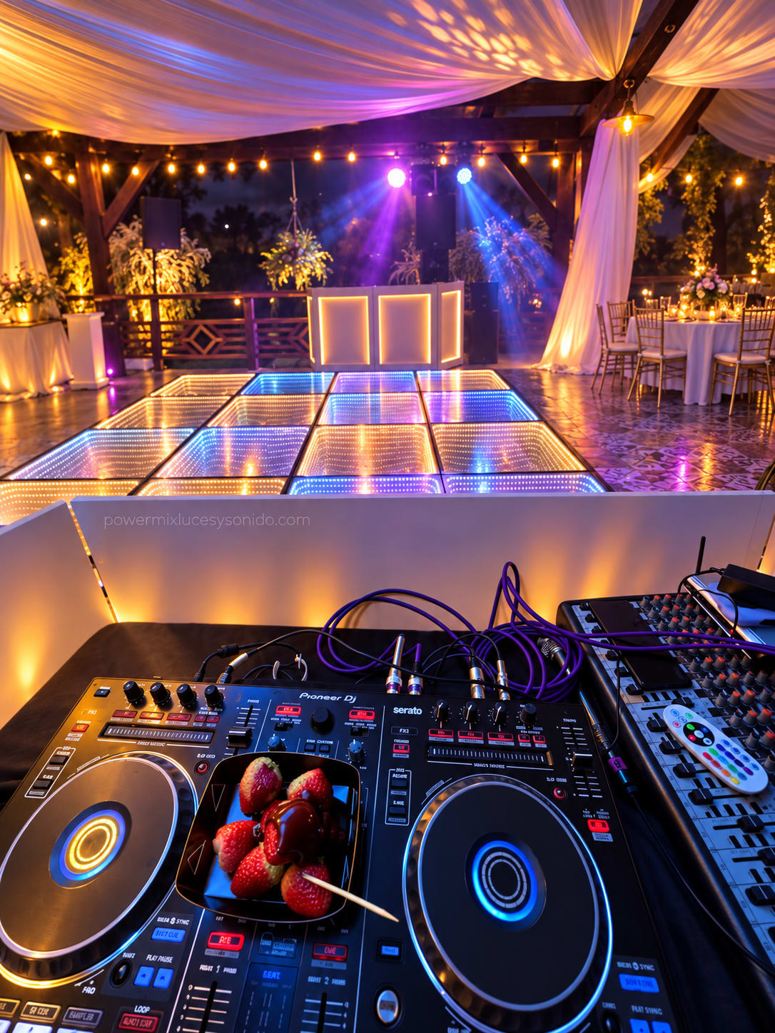 Vista desde la consola del DJ hacia una pista LED infinita en boda al aire libre
