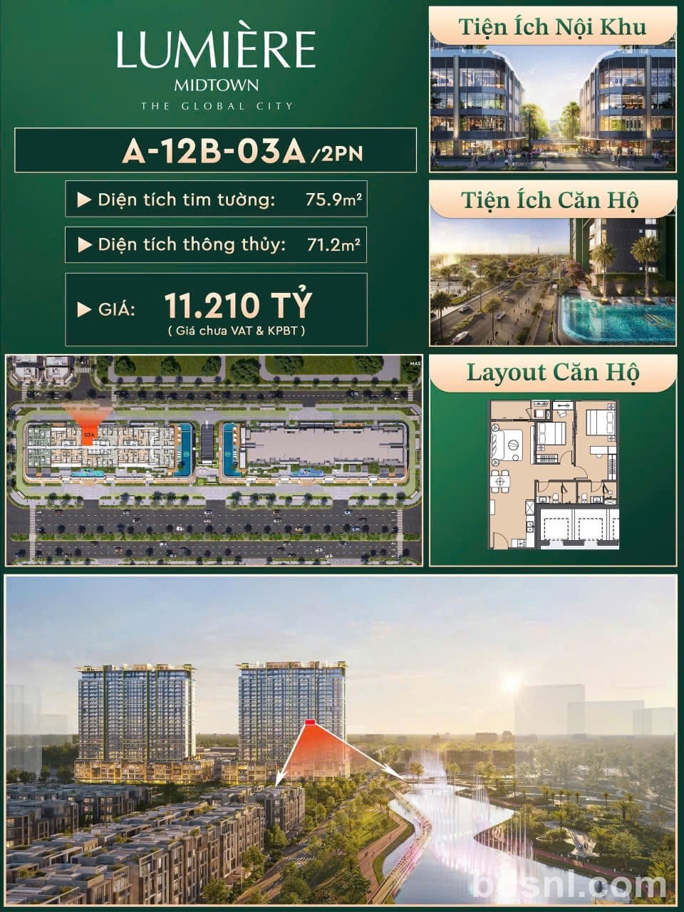 "Bán căn hộ Lumiere Midtown A-12B-03A: 2PN, 75.9m², View The Global City - Giá 11.210 Tỷ"