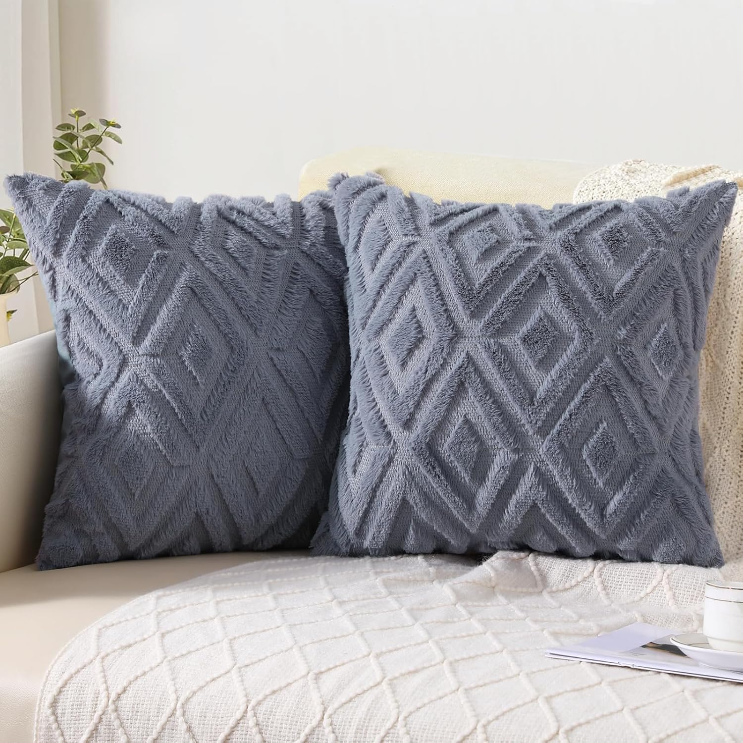 Blue-Gray Faux-Fur Pillow Covers