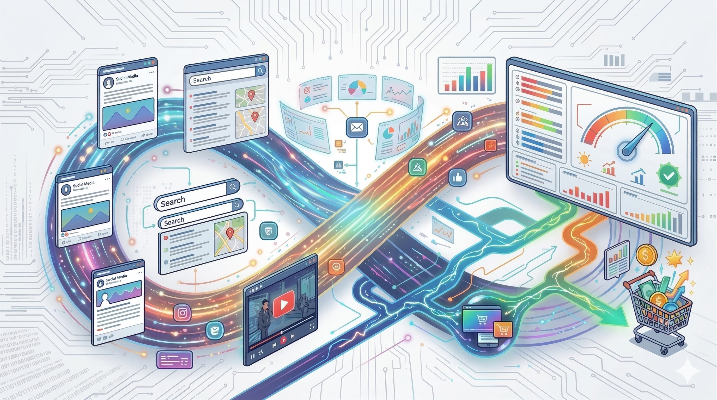 Modern enterprise office environment with professionals working on digital marketing strategies