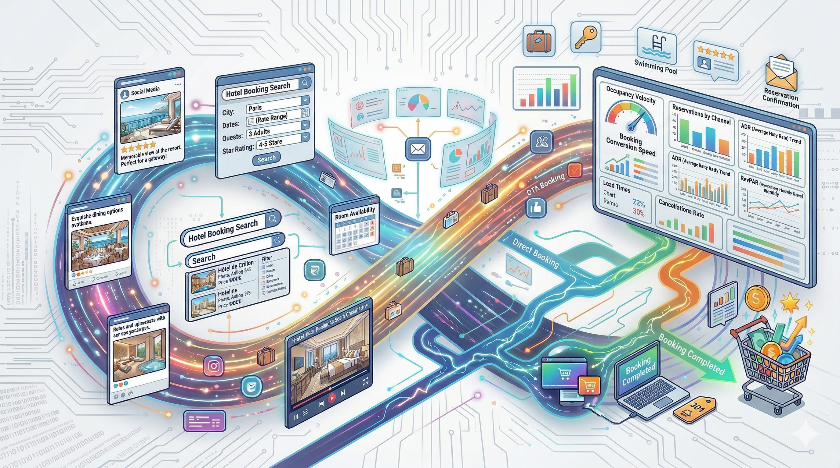 Cinematic wide shot of a modern minimalist luxury hotel lobby with warm ambient lighting and expansive glass windows overlooking a dusk landscape
