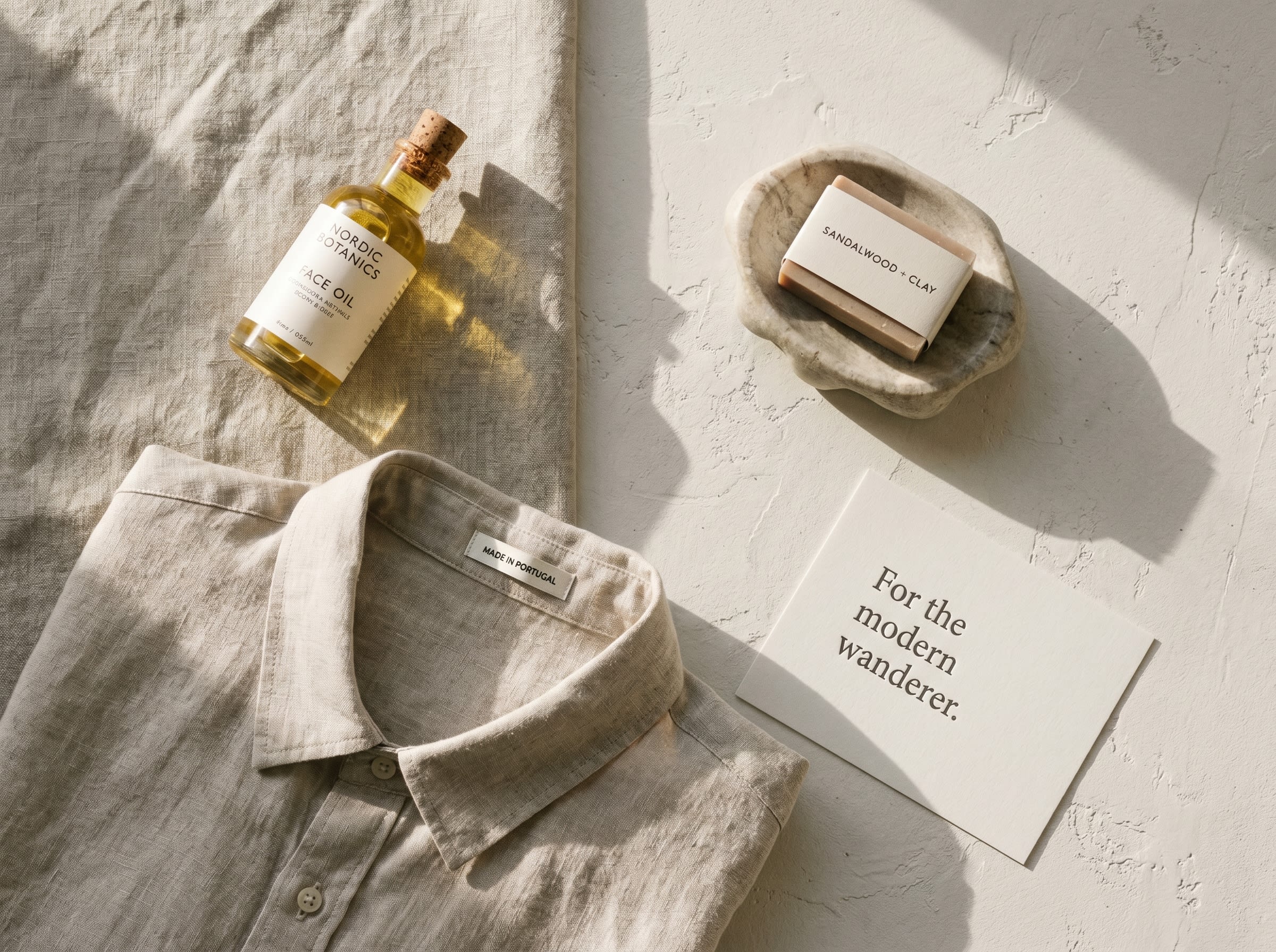 Editorial overhead flat-lay of curated direct-to-consumer products in soft studio lighting
