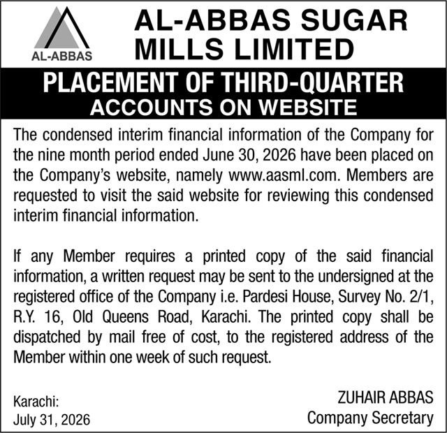 Al-Abbas Sugar Mills Limited Q3 Financial Results 2026