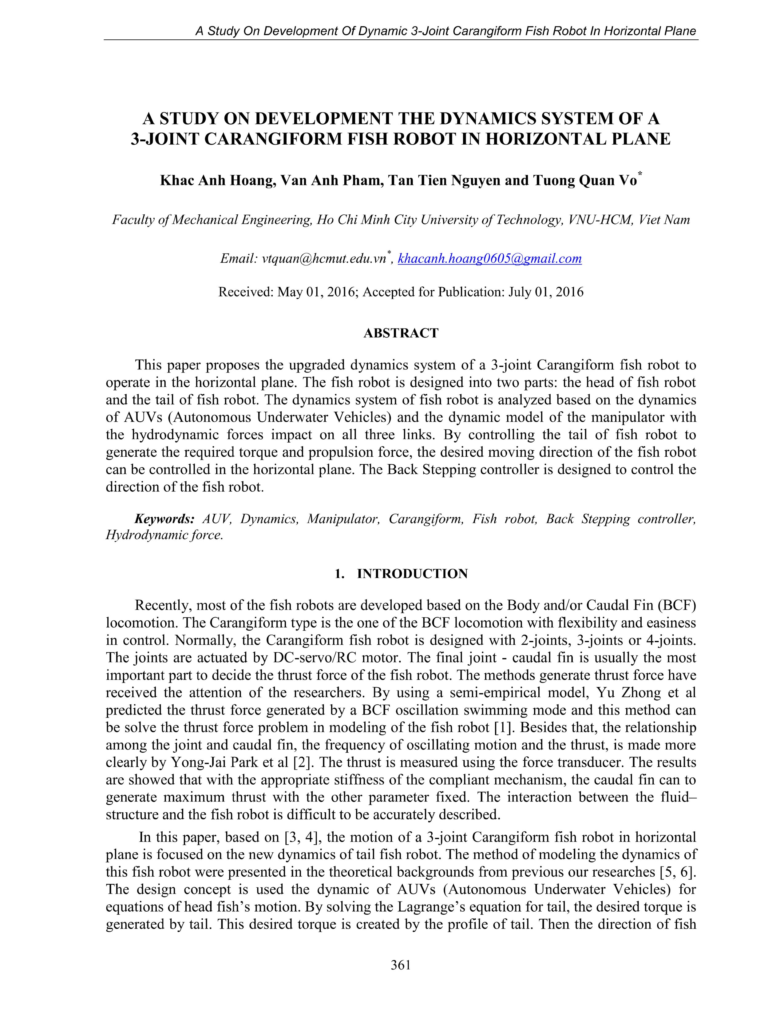 A study on development the dynamics system of a 3-Joint carangiform fish robot in horizontal plane