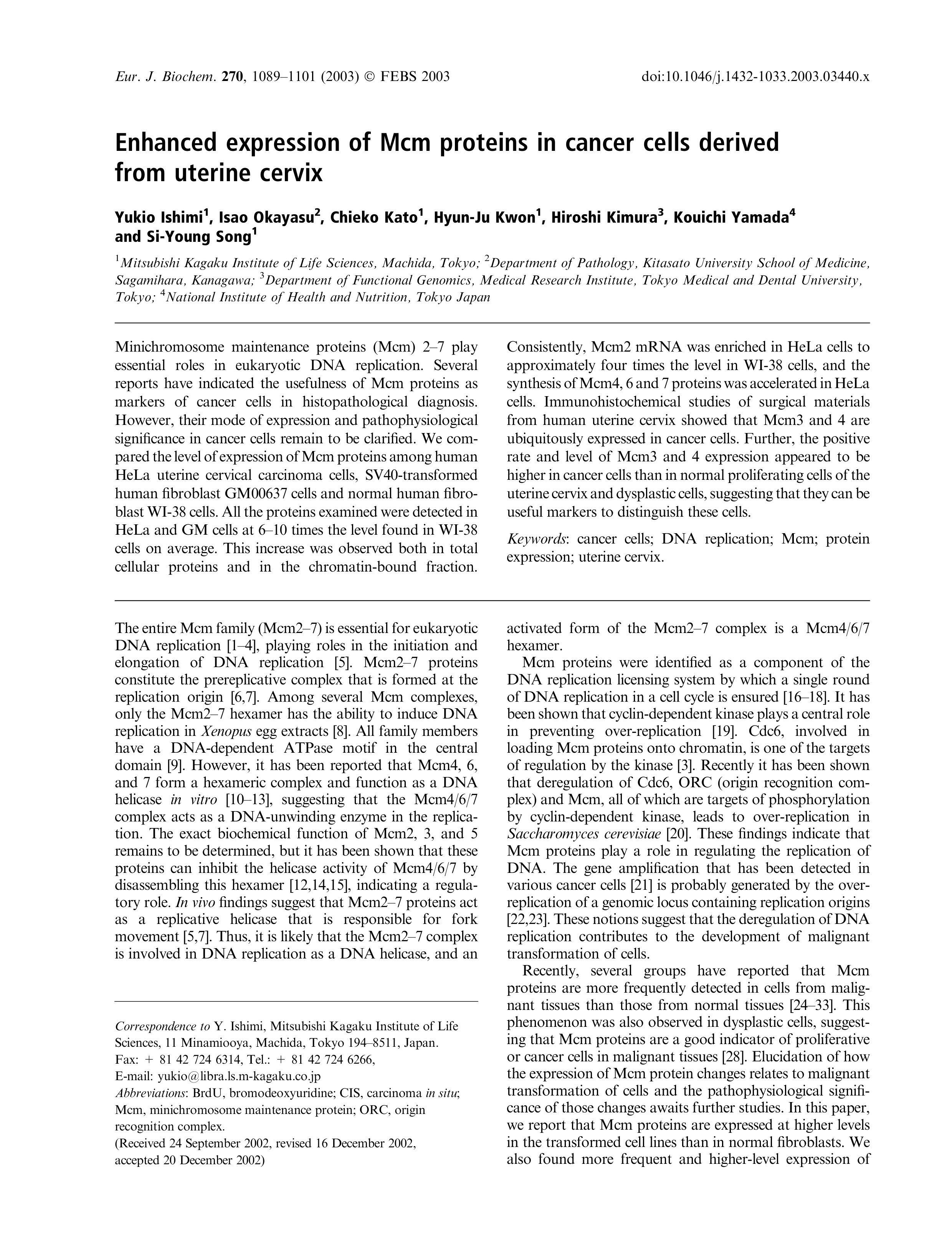 Tài liệu Báo cáo khoa học: Enhanced expression of Mcm proteins in cancer cells derived from uterine