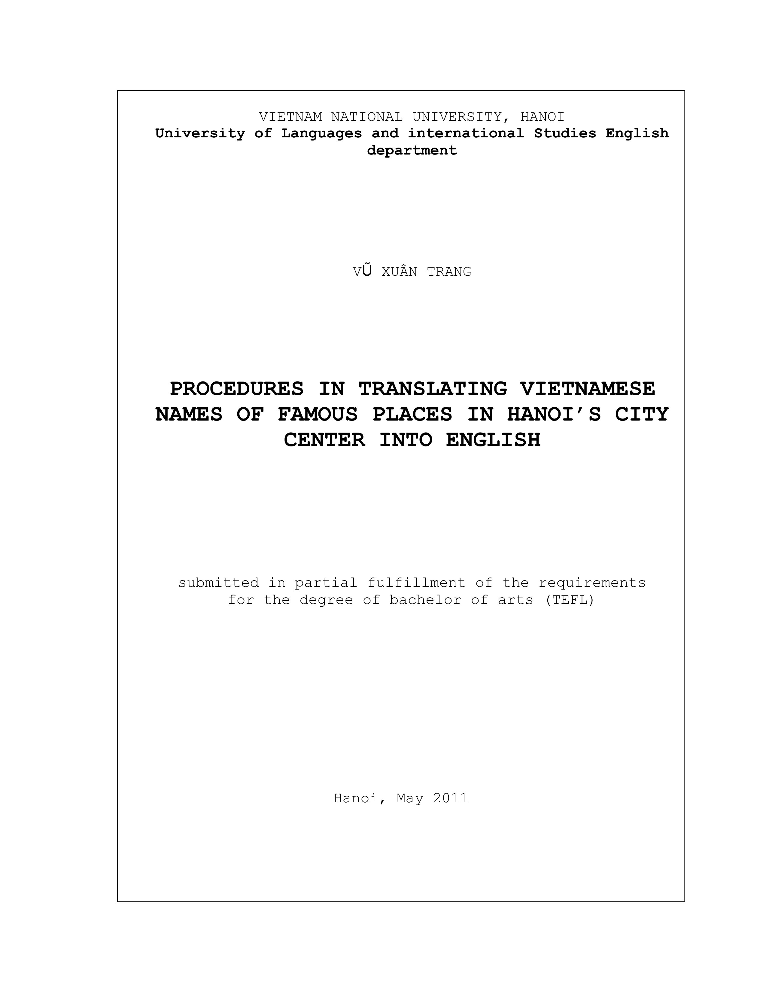 Procedures in translating vietnamese names of famous places in hanoi’s city center into english