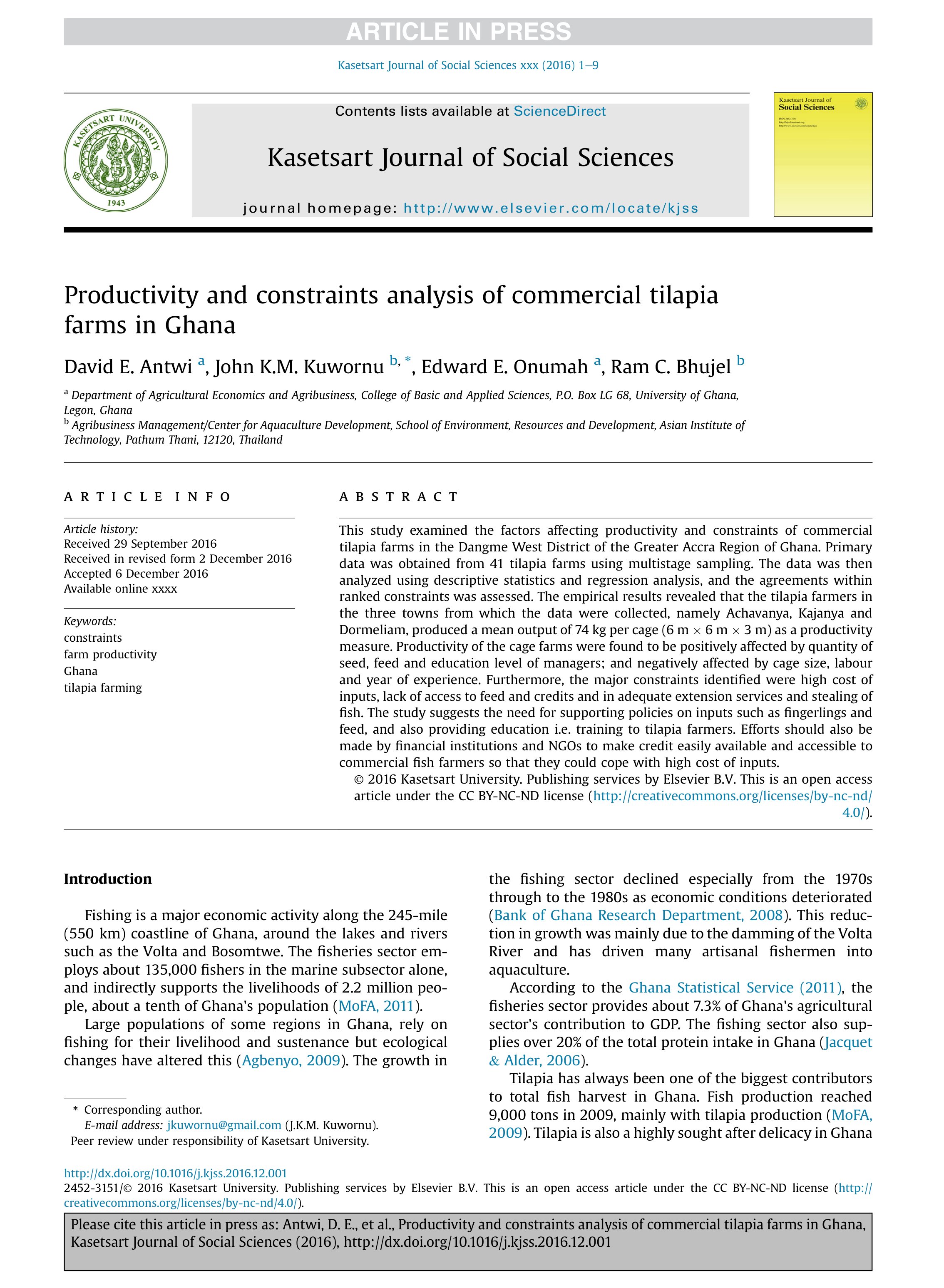 productivity and constraints analysis of commercial tilapia farms in ghana