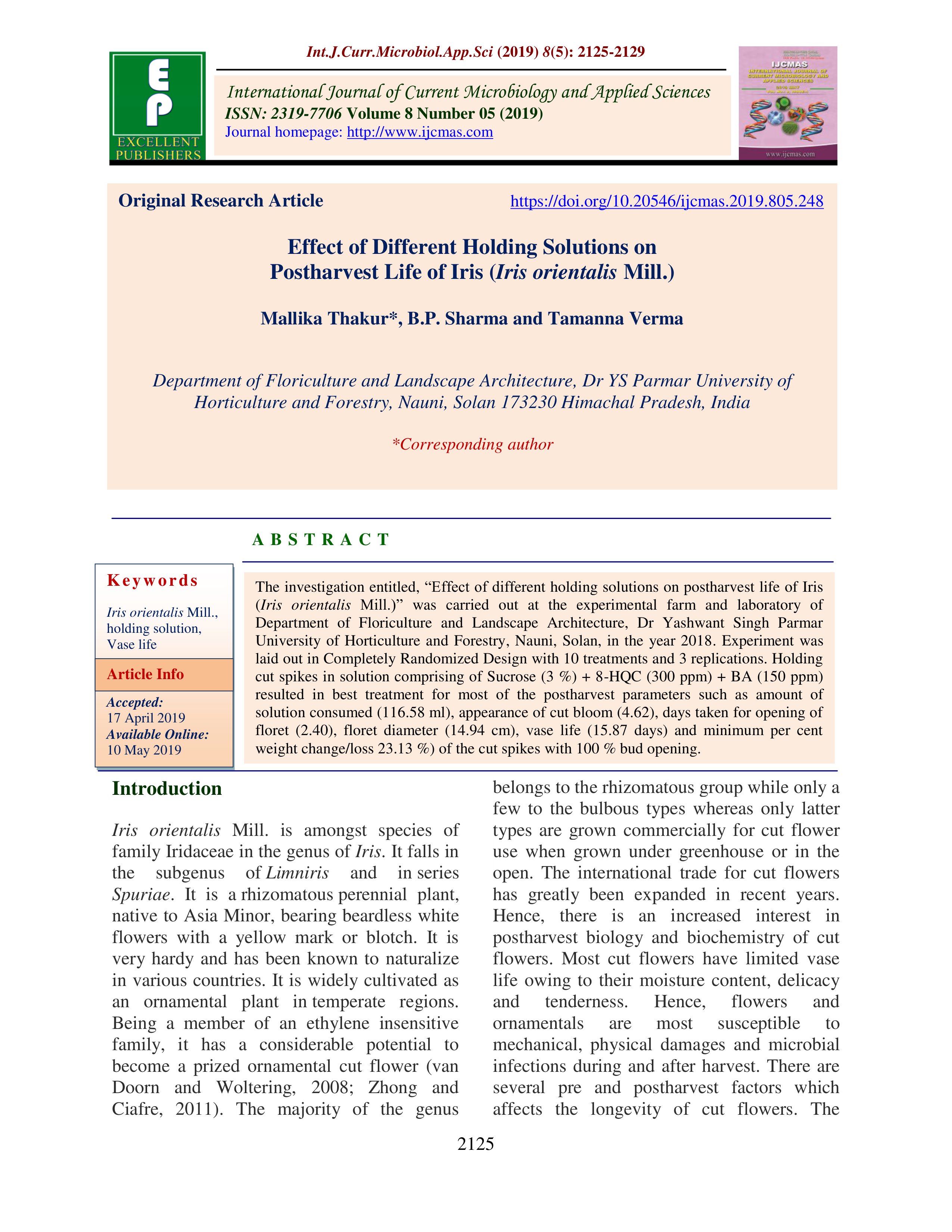Effect of different holding solutions on postharvest life of Iris (Iris orientalis Mill.)