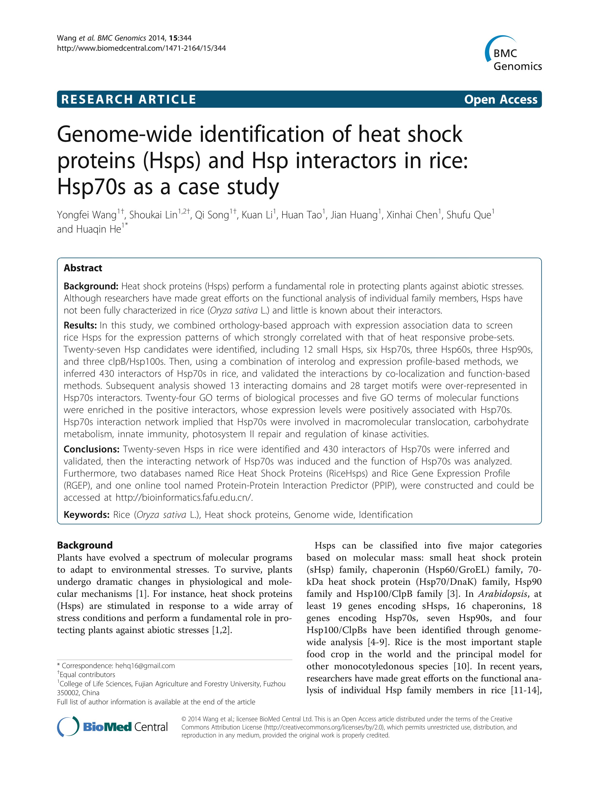 genome wide identification of heat shock proteins hsps and hsp interactors in rice hsp70s as a case