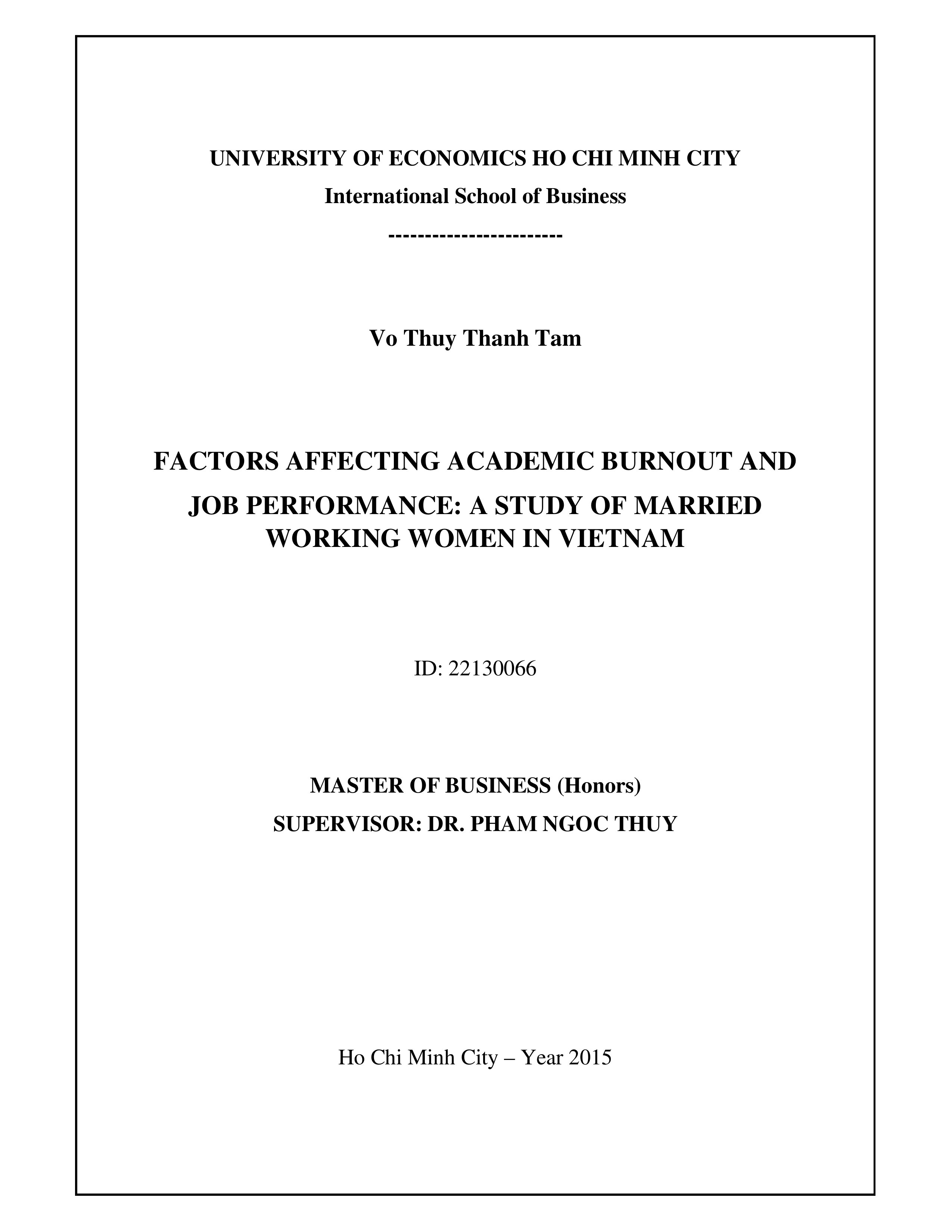 Factors affecting academic burnout and job performance: a study of married working women in Vietnam