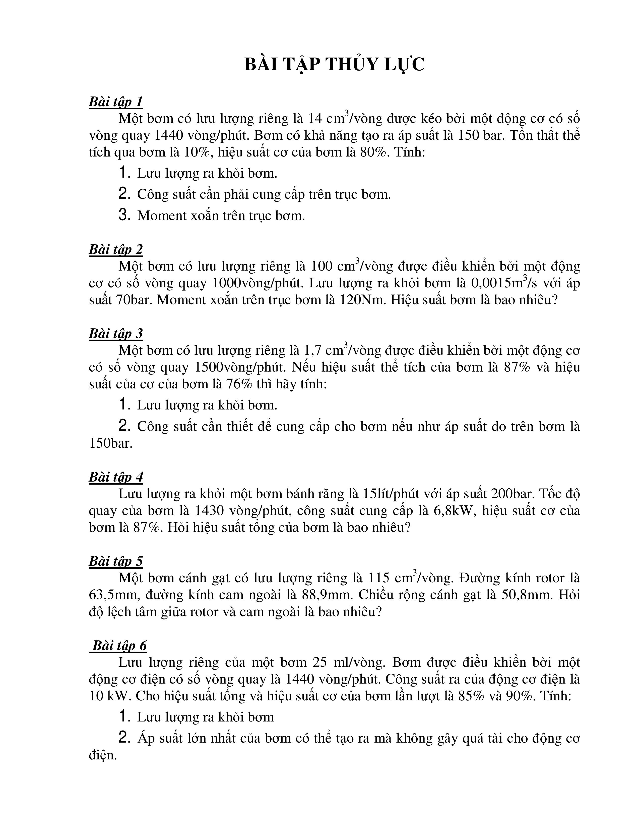 BÀI TẬP THUỶ LỰC ppt