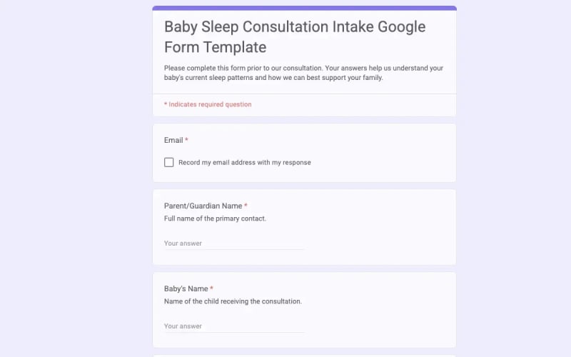 Preview of Baby Sleep Consultation Intake Google Form Template